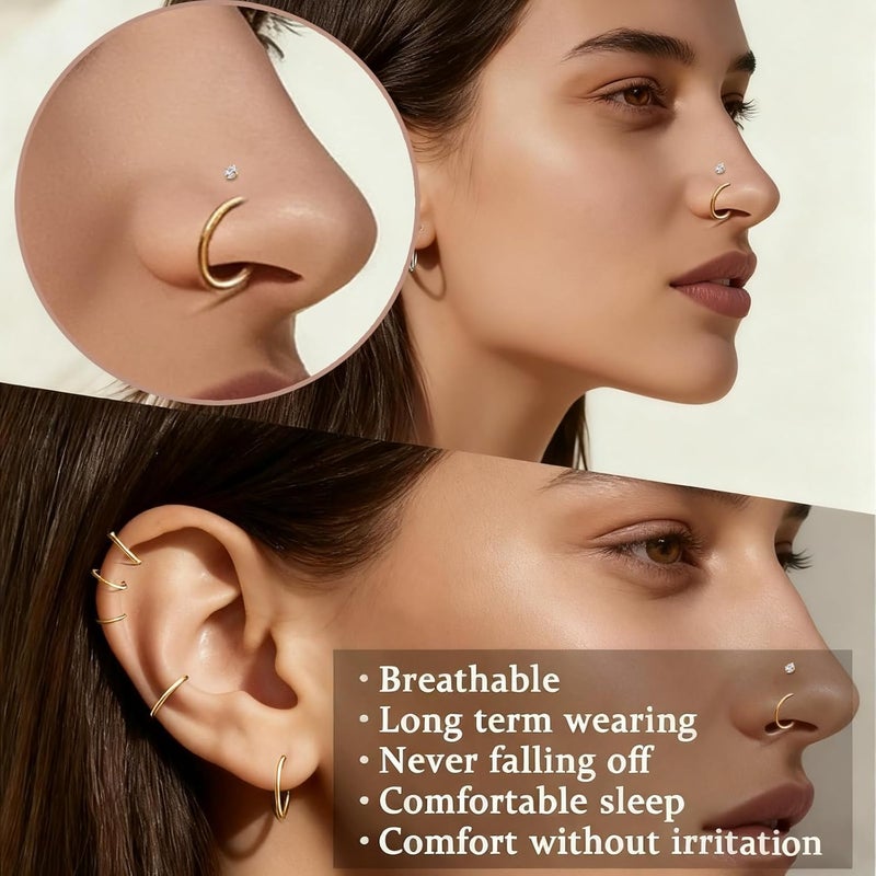 Styleeary Store خواتم أنف من الفضة المضادة للحساسية / ذهب عيار 14 مملوء 18G حلقات أنف 8mm 10mm 12mm مجموعة خواتم أنف: 12 قطعة من الفولاذ المقاوم للصدأ الجراحي 316L، دبابيس أنف 20G، CZ، نجمة، قلب، دبابيس أنف، مجوهرات ثقب أنف على شكل L للنساء والرجال - Image 2